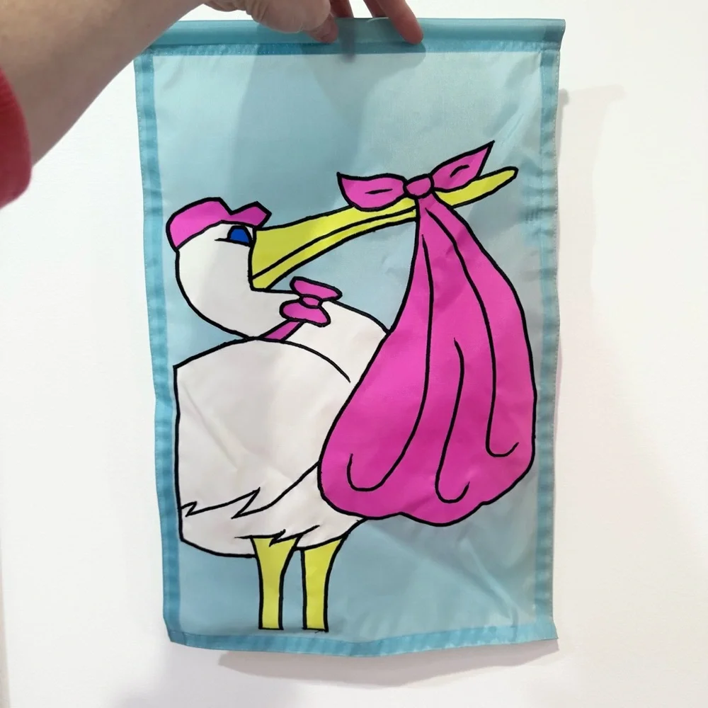 Vintage NWOT Nylon Embroidered Baby Shower Neon Stork Banner Flag